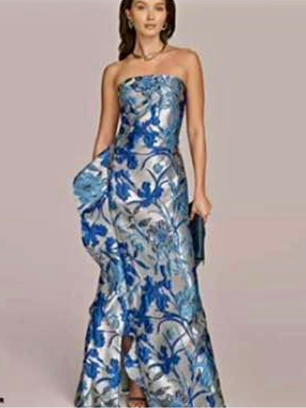 Donna Karan Blue and Silver Floral Brocade Gown Dress
